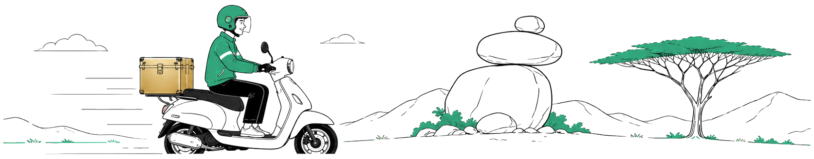 A courier on a motor scooter with a delivery box, riding past balancing rocks and an acacia tree